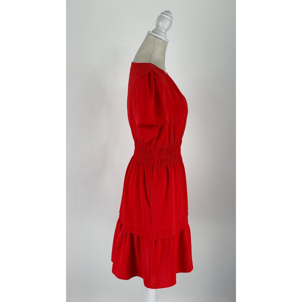 Tahari Arthur S Levine Short Sleeve Tiered Mini Dress Poppy Red Womens Small New - Picture 7 of 11